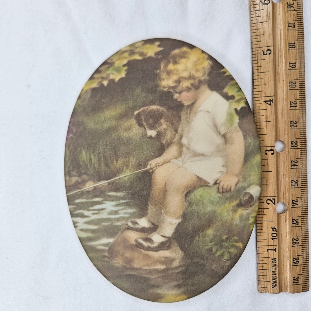 Bee Kay Creations Bessie Pease Gutmann Boy Fishing Dog Oval Wall Plaque Vintage